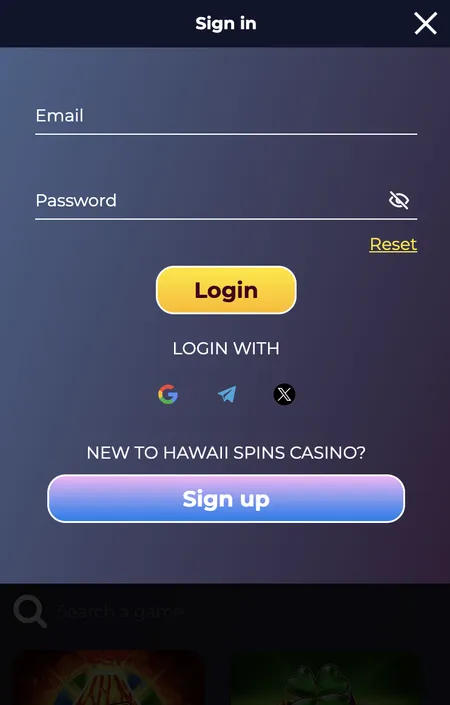 Hawaii Spins login screen